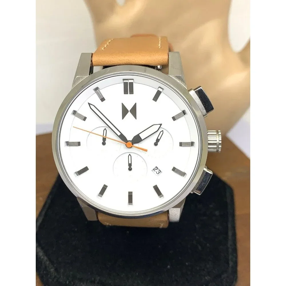 MVMT Men's Watch Quartz Chronograph White Dial Brown Leather Band 44mm